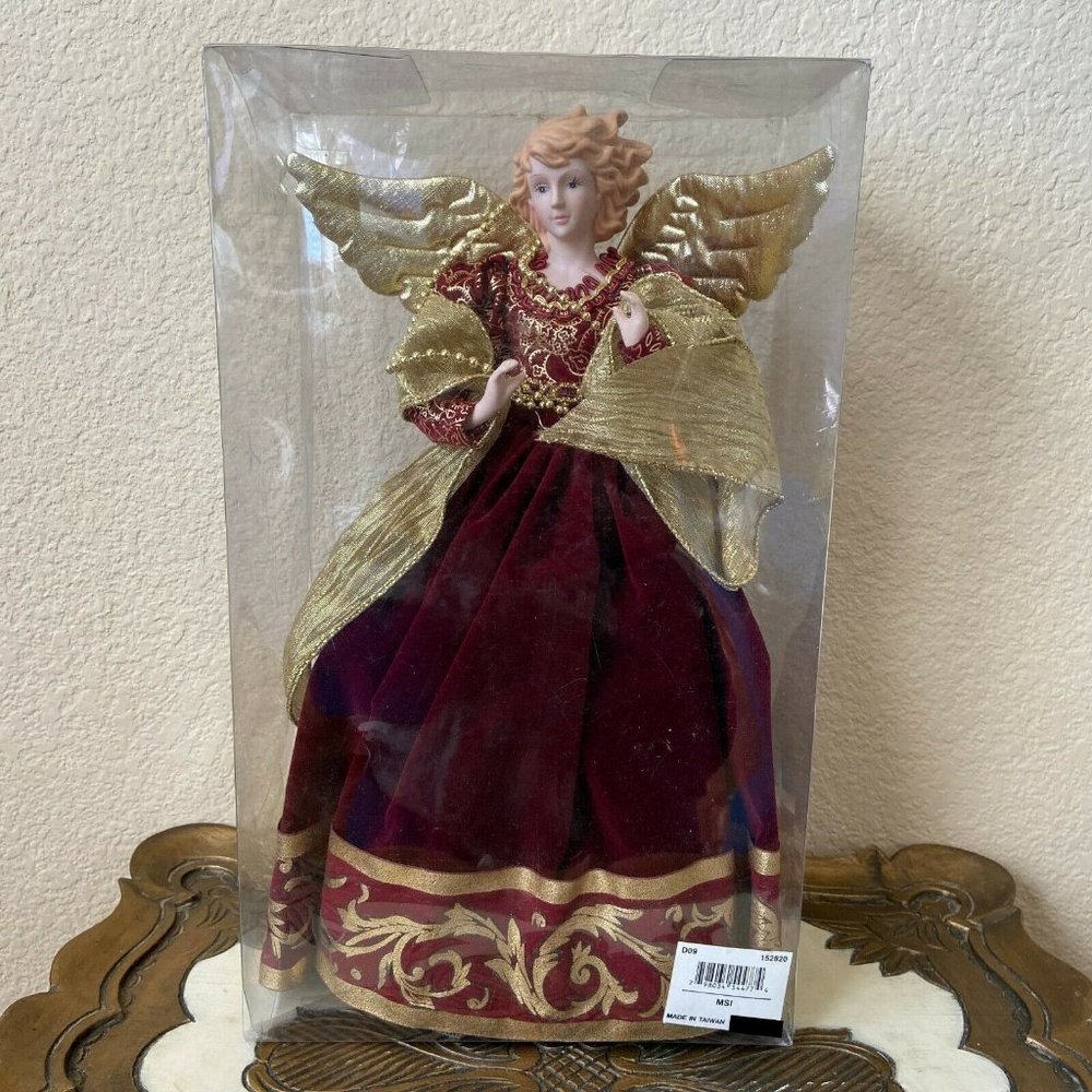 MSI Christmas Angel Tree Topper 14'' Red Gold Ceramic Face Hands Taiwan Made